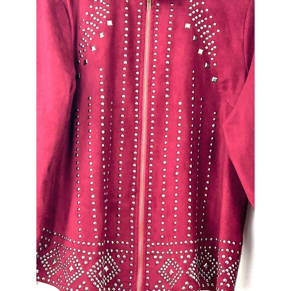 Rockin G Women Maroon Jacket Studded Moto Faux Suede Full Zip Bell Sleeve Sz L - Picture 6 of 12